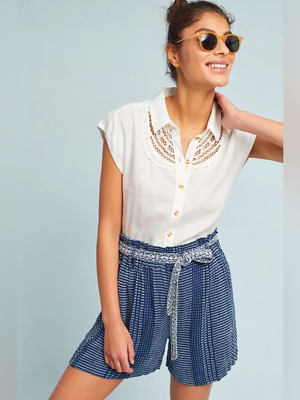 NWT Maeve Anthropologie Cream Lace Sleeveless Button Yoked Linen Coquette Top XS